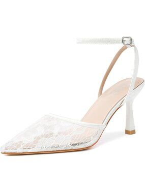 Women's White Lace Elegant Closed Pointed Toe Strappy Stiletto Pump Dressy Shoes